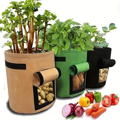 3 Pack of 10-Gallon Potato Planting Bags with Harvest Viewing Window, Thickened Breathable Non-Woven Planters with Handles - Ideal Fabric Planting Containers for Plant Potatoes (Khaki/Green/Black)