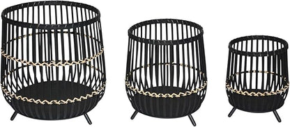 Set of 3 Woven Basket Decorative Planter Pot with Short Legs – Bamboo & Rattan Outdoor & Indoor Plant Pot – Modern Garden & Home Decor Planters – 13", 17", & 19", Black