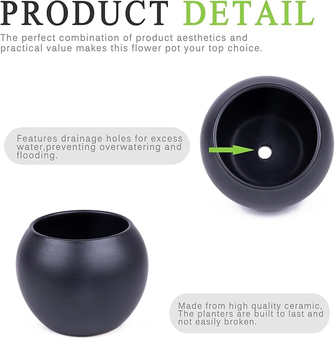 Black Spherical Ceramic Plant Pots Succulent Small Planter Indoor Modern Round Decorative Indoor-Outdoor Garden Plant Pots with Drainage Holes - Plants Not Included 3.94 x 3.94 x 3.15 Inch