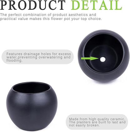 Black Spherical Ceramic Plant Pots Succulent Small Planter Indoor Modern Round Decorative Indoor-Outdoor Garden Plant Pots with Drainage Holes - Plants Not Included 3.94 x 3.94 x 3.15 Inch