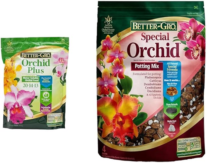 Better-Gro Orchid Plus 20-14-13 - Urea-Free Orchid Fertilizer for Vigorous Growth, Water Soluble & Special Orchid Mix - Premium Grade Orchid Bark Potting Mix for Potting, Repotting