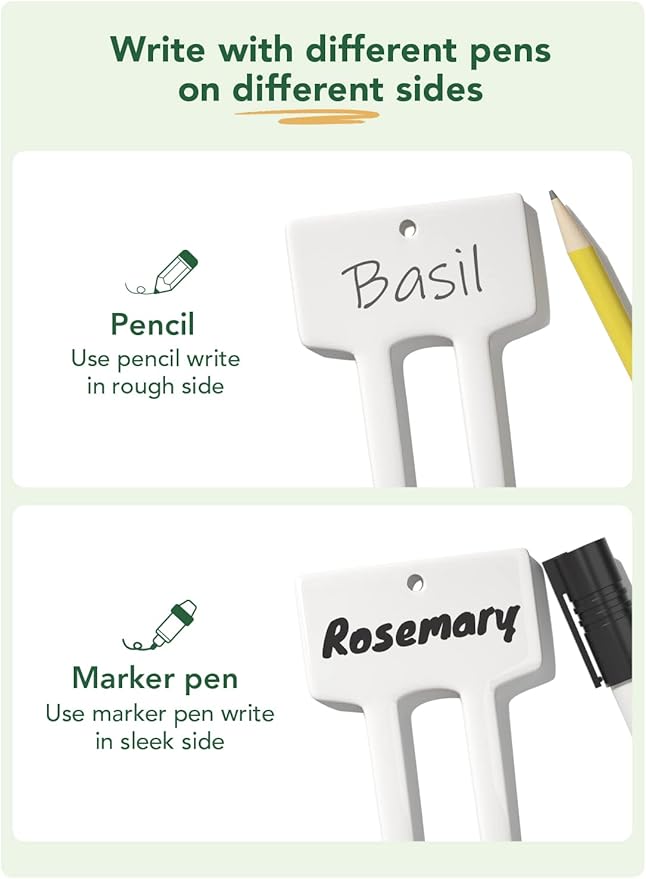 Plant Labels, Ceramic Garden Markers, Herbs Succulent Name Tags, Supplies for Seeding Pot Potted Plants Raised Bed, Indoor & Outdoor, Reusable Waterproof - Set of 12, White