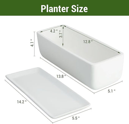 MyGift 14 Inch Ceramic Indoor Plant Pot with Drainage Hole, Rectangular Succulent Planter Window Box with Removable Saucer, Unglazed White