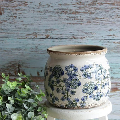 Ceramic Planters Spring Decor, 6.29in Country Cottage Plant Pots with Drainage Hole for Indoor Plants & Succulent, Vintage Crackle Glaze Finish Flower Vase, Home Decor Gifts, Deep Blue Floral