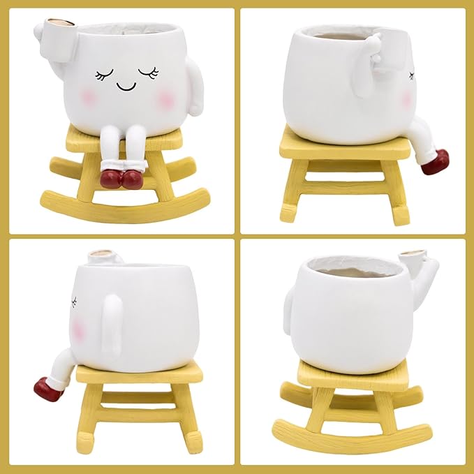 Smily Face Rocking Chair Planter -Cute Resin Book Coffee Succulents Plant Pots with Drainage Hole for Indoor Outdoor Garden, Gift IdeaI for Mother Appreciation Christmas (White)