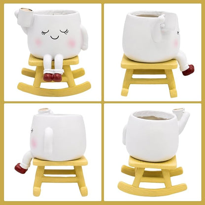 Smily Face Rocking Chair Planter -Cute Resin Book Coffee Succulents Plant Pots with Drainage Hole for Indoor Outdoor Garden, Gift IdeaI for Mother Appreciation Christmas (White)