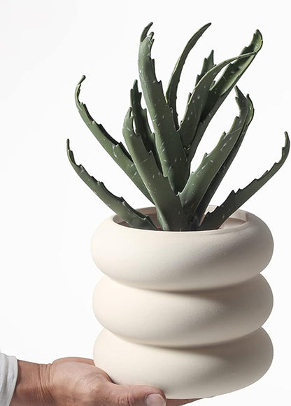 Ceramic Plant Pot Indoor, 6.5 Inch Beige Unglazed Flower Pot with Drainage Hole, Bubble Design Ceramic Planter for Home & Office Decor
