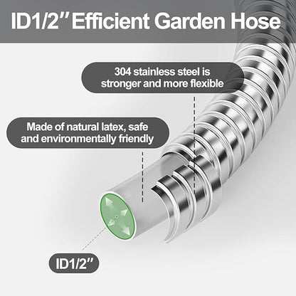 SPECILITE 1/2" 304 Stainless Steel Garden Hose, 25FT Water Pipe with Heavy Duty Metal Nozzle for Yard, Outdoor, Lawn - Flexible, Never Kink & Tangle, Puncture Resistant