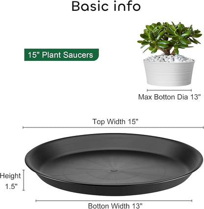 GROWNEER 6 Packs 15 Inches Plant Saucer Plant Drip Trays, Plastic Plant Trays for Pots, Heavy Duty Pot Drip Tray for Indoors Outdoor Flower Planters, Black
