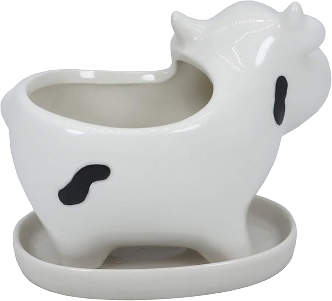 Cute Cow Succulent Planter Pot with Drainage Tray, Small White Ceramic Cactus Flower Container, Animal Shaped Indoor Air Plants Holder