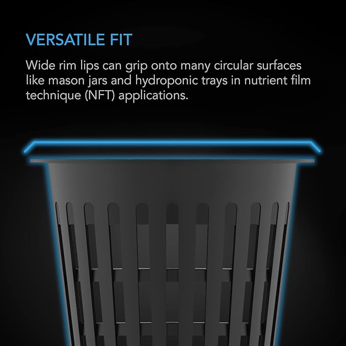 AC Infinity Net Cups 2-Inch, Heavy Duty Garden Slotted Net Pots with Wide Lip Rims, 50-Pack Black Bucket Basket for Indoor Outdoor Growing, Orchids, Aquaponics, Hydroponics