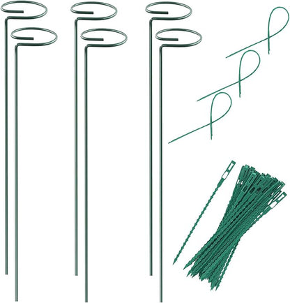 Plant Stake Support - 6 Pack, Garden Single Stem Support Stake Plant Cage Support Rings, Single Stem Plant Support Stakes, Plant Twist Ties, for Flowers Amaryllis Tomatoes Peony Lily Rose (15.9 inch)