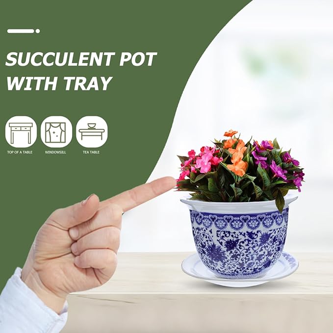 DOITOOL Blue and White Porcelain Plant pots with Drainage Holes and Drainage Tray for Indoor and Outdoor Plants, Ceramic Flower Pots