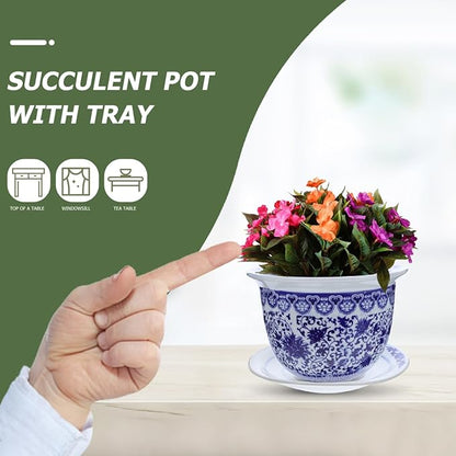 DOITOOL Blue and White Porcelain Plant pots with Drainage Holes and Drainage Tray for Indoor and Outdoor Plants, Ceramic Flower Pots