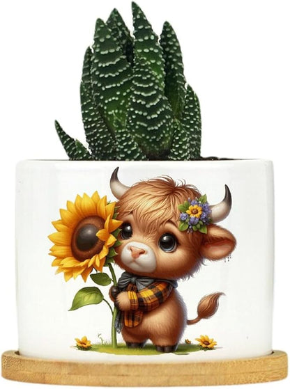 DreamAutumn Easter Highland Cow Planter Ceramic Round Plant Pots with Drainage Holes and Bamboo Tray Planting Small Flower Pots for Home Windowsill Desk Garden Indoor Outdoor Use