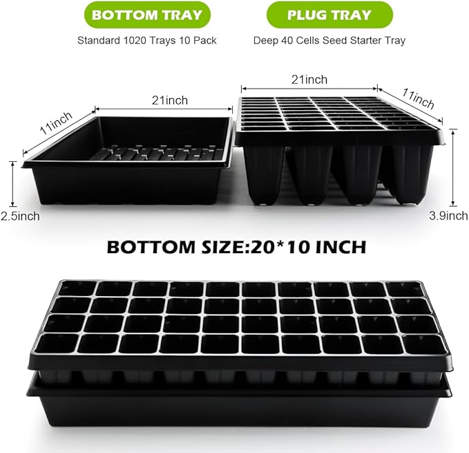 10 Pack 1020 Seed Starter Trays and 10 Pcs 40 Cell Plug Trays, Thick Durable Seedling Plastic Nursery Tray for TD542 1020 Tray Germination (10 Sets)
