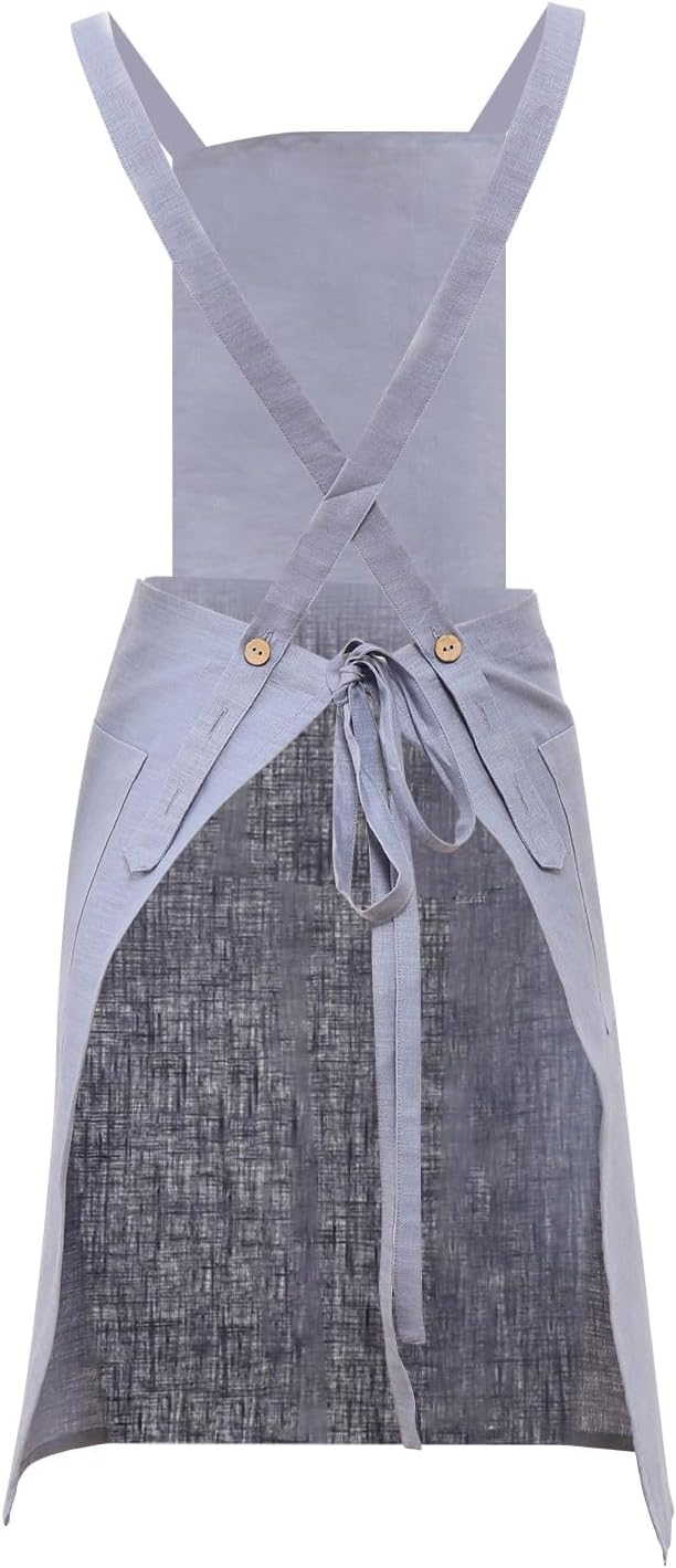 Pure Linen Cross Back Apron Dress, Adjustable Waist & 2 Pockets. Unisex Kitchen & Server Apron, 26.5"x33.5".