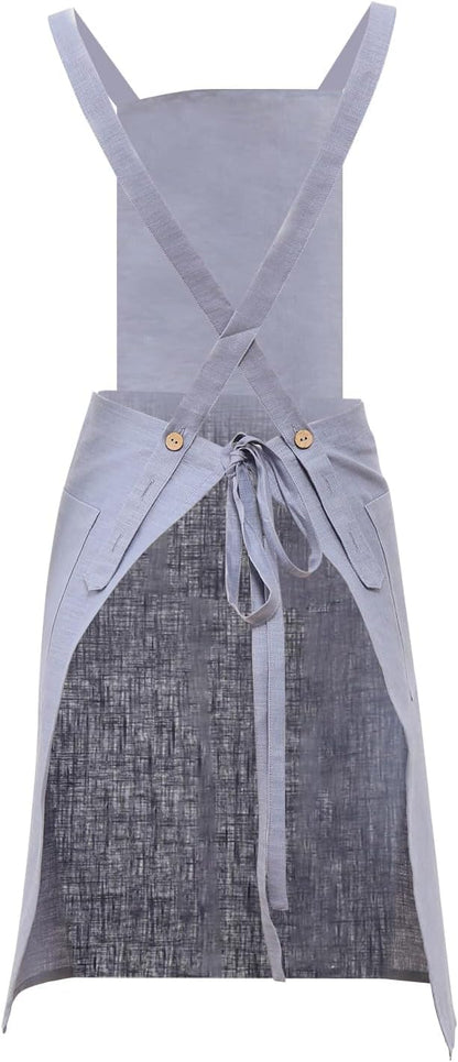 Pure Linen Cross Back Apron Dress, Adjustable Waist & 2 Pockets. Unisex Kitchen & Server Apron, 26.5"x33.5".