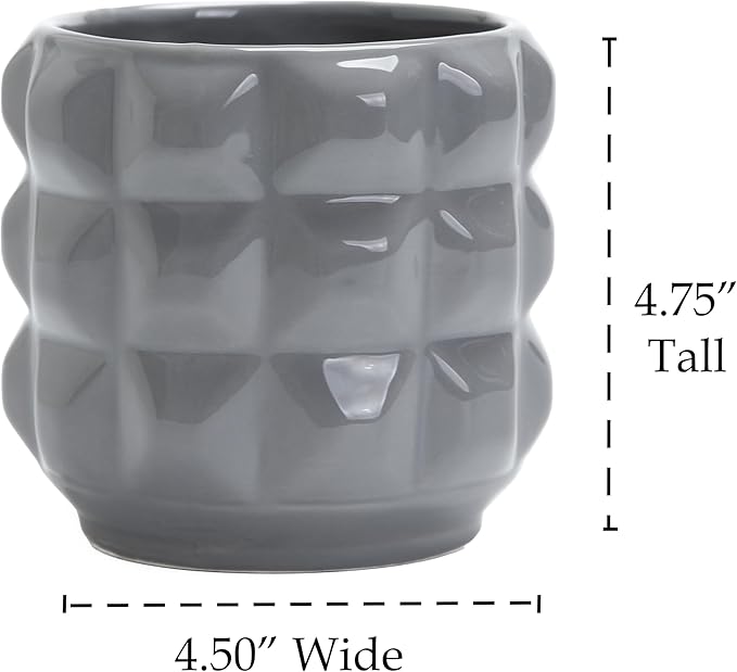 Arktiva Ceramic Planter Pot with Drainage Hole, 4.5 Inch Dia, Indoor and Outdoor, Home Patio Garden, Plants Flower Succulent, 3D Patterned Round (Gray)