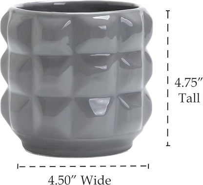 Arktiva Ceramic Planter Pot with Drainage Hole, 4.5 Inch Dia, Indoor and Outdoor, Home Patio Garden, Plants Flower Succulent, 3D Patterned Round (Gray)