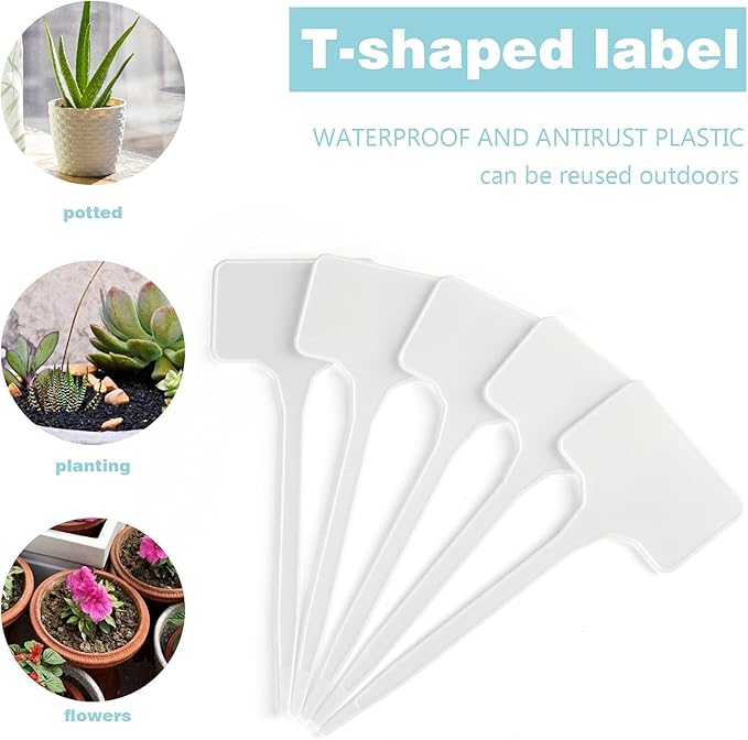 KINGLAKE GARDEN Large Plastic Plant Labels 6 Inch 50 Pack White Sturdy Extra Large T-Style Plastic Plant Labels for Flower beds,Plant pots