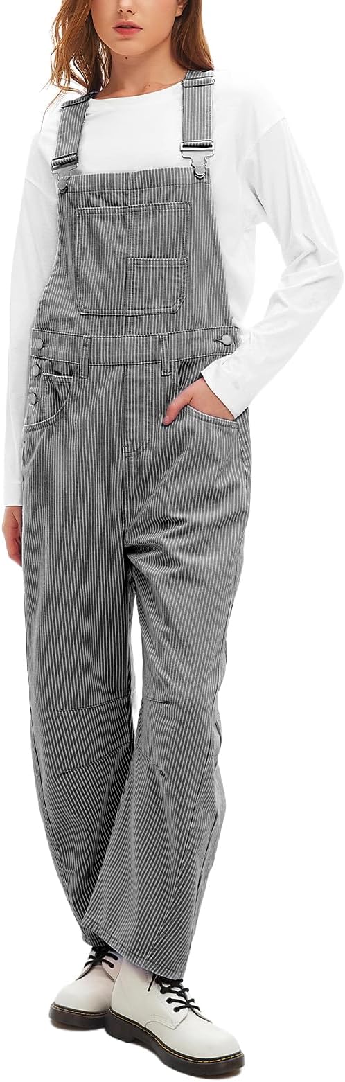 D-Sun Women's Striped Bib Overall Barrel Casual Tapered Overall Pants Wide Leg Adjustable Straps Stretch Jumpsuits