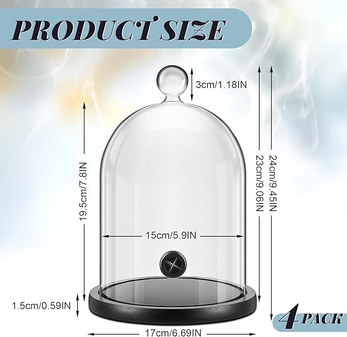 Uiifan 4 Pcs Smoking Cloche Smoking Gun Accessory Glass Dome Cloche Cover Infuser Cocktail with Wood Base for Whiskey Food Drinks, 9. 84 x 5. 91 Inch (Black)