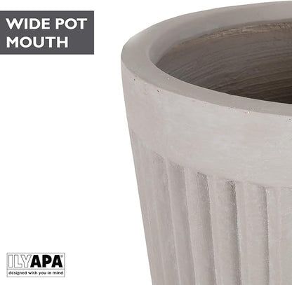 Ilyapa 14x14 inch Fluted Large Modern Concrete Outdoor Planter, Large Indoor Plant Pot with Drainage - 14 Inch Pots for Plants, Indoor/Outdoor