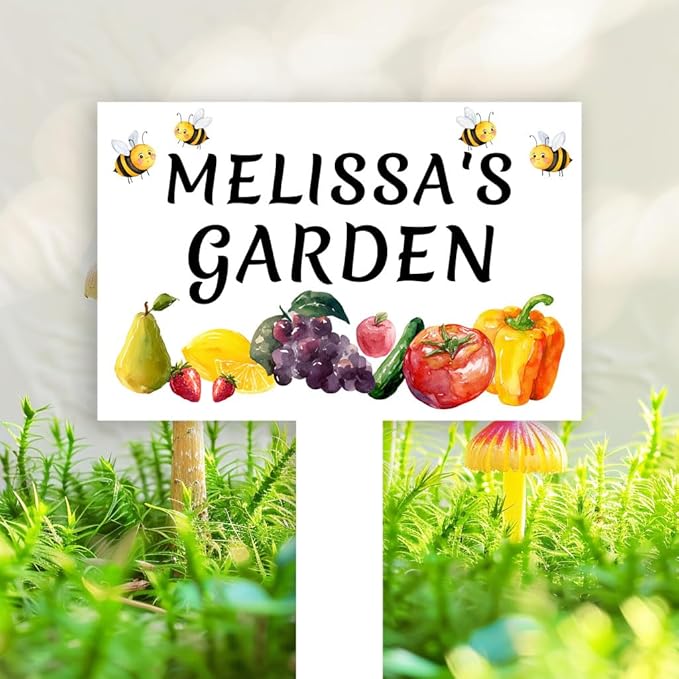Custom Vegetable Garden Stake Yard Sign Personalized Fruits Orchard Sign Metal Outdoor Garden Name Plaque with Stake, Customized Bee Pear Lemon Grape Tomato Vegetable Signs for Mom Grandma