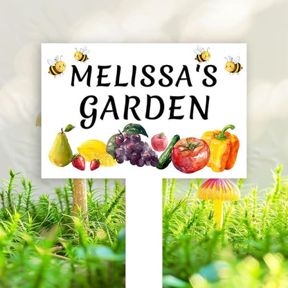 Custom Vegetable Garden Stake Yard Sign Personalized Fruits Orchard Sign Metal Outdoor Garden Name Plaque with Stake, Customized Bee Pear Lemon Grape Tomato Vegetable Signs for Mom Grandma