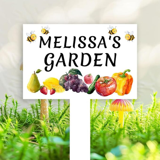 Custom Vegetable Garden Stake Yard Sign Personalized Fruits Orchard Sign Metal Outdoor Garden Name Plaque with Stake, Customized Bee Pear Lemon Grape Tomato Vegetable Signs for Mom Grandma