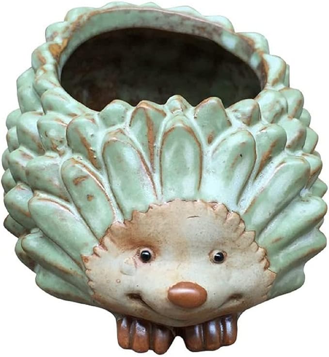 Decorative Ceramic Planter with Bamboo Base Indoor Plant Holder Animal Shaped Ceramic Succulent Pot with Drainage Mini Succulent Plants Cactus Planter (Small Hedgehog)
