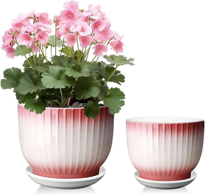 6.7 + 5.5 Inch Ceramic Plant Pots,Set of 2,Planters with Drainage Hole and Saucer,Flower pots for Indoor Plants,Elegant Design(Pink + White,