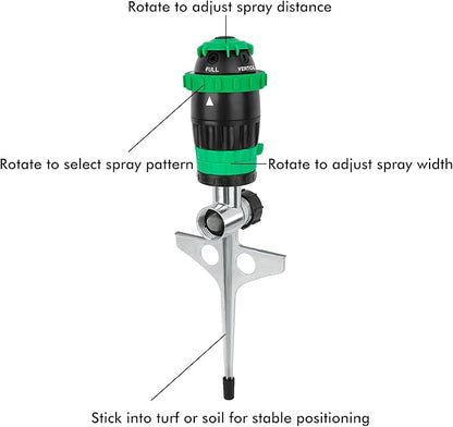RESTMO Gear Drive Sprinkler with Metal Spike Base, 5-Pattern Heavy Duty Gardening Watering System, Multi-Adjustable Lawn Sprinkle for Garden Plant, Flower Bed and Large Yard Area Watering, Green