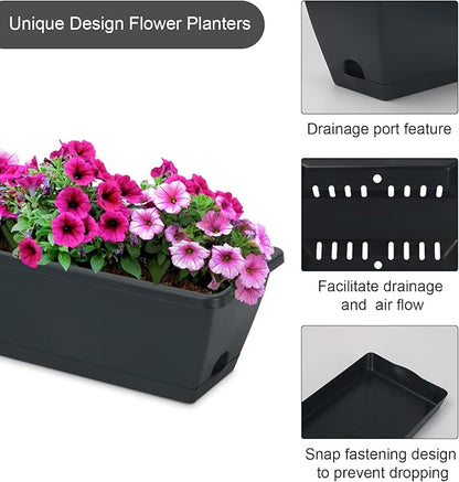 HOXHA Window Box Planter, 6 Pack 17inch Plastic Vegetable Flower Planter Boxes with Tray, Indoor Outdoor Flower Pots for Windowsill, Patio, Porch, Garden Balcony, Dark Gray