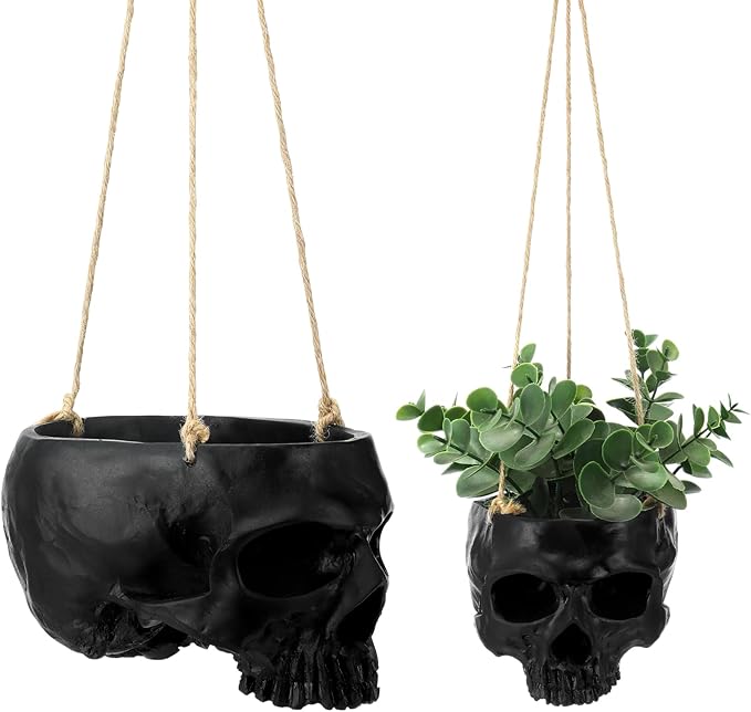 2 Pack Hanging Skull Planter Pot with Ropes Gothic Skeleton Plant Pot Skull Candy Bowl for Succulent Plants Flowers Horror Head Wall Decoration