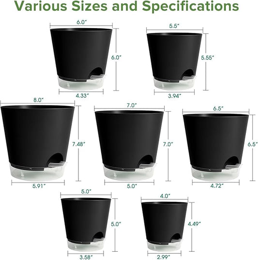 GARDIFE 2026 Upgraded Self Watering Plant Pots with Drainage Hole, 8/7/6.5/6/5.5/5/4 Inch Flower Planting Containers for House Plants, African Violet, Flowers, Cactus (Black, 8+7+6.5+6+5.5+5+4 inch)