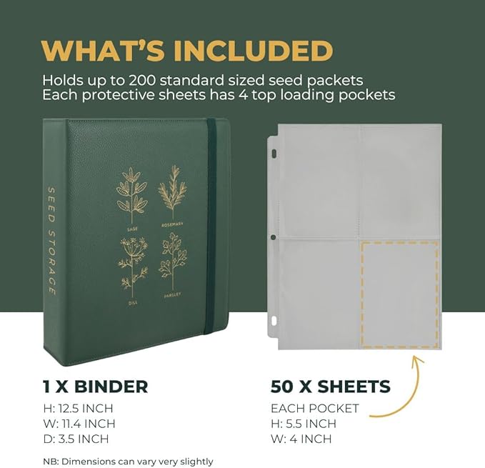 Seed Storage Organizer Binder - Seed Packet Organizer with 50 Pack Sheet Protectors that stores 200 Seed Envelopes. Seed Storage Binder delivering complete Seed Saving Kit for every Garden Lover.