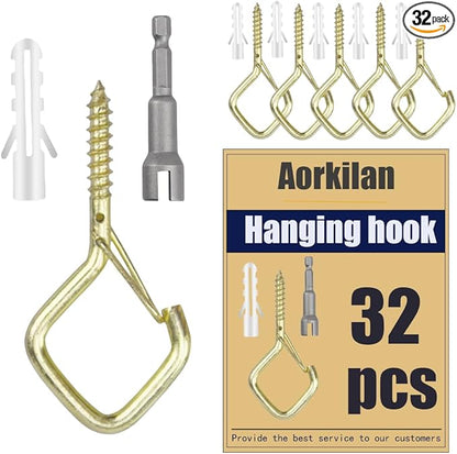 32-Pack Heavy-Duty Golden Screw Eye Hooks with Safety Clips | Metal Ceiling Hooks for Hanging Plants, Wind Chimes, Bird Feeders & Indoor/Outdoor Lights