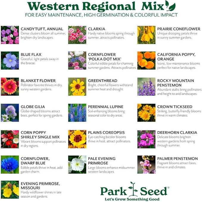 Park Seed Grow Your Own Vibrant Annual and Perennial Wildflower Garden Seeds Mixture, Easy to Grow Varieties for Pollinators and Spring Gardens - Western Regional Mix, 50 lbs