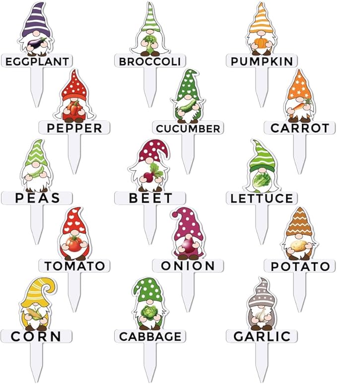 arricraft 15 Pcs Gnome Plant Markers, 15 Styles Vegetables Name Plants Tags Funny Garden Labels Acrylic T Type Plant Labels for Vegetables Seedling Potted Garden Stake Sign 10.2x6.8cm(4x2.68inch)