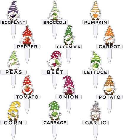 arricraft 15 Pcs Gnome Plant Markers, 15 Styles Vegetables Name Plants Tags Funny Garden Labels Acrylic T Type Plant Labels for Vegetables Seedling Potted Garden Stake Sign 10.2x6.8cm(4x2.68inch)