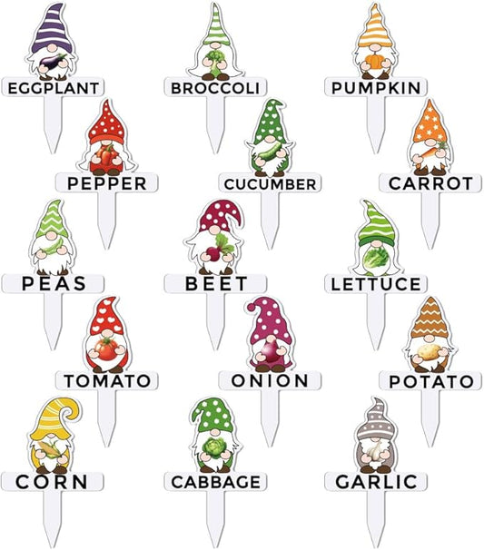 arricraft 15 Pcs Gnome Plant Markers, 15 Styles Vegetables Name Plants Tags Funny Garden Labels Acrylic T Type Plant Labels for Vegetables Seedling Potted Garden Stake Sign 10.2x6.8cm(4x2.68inch)