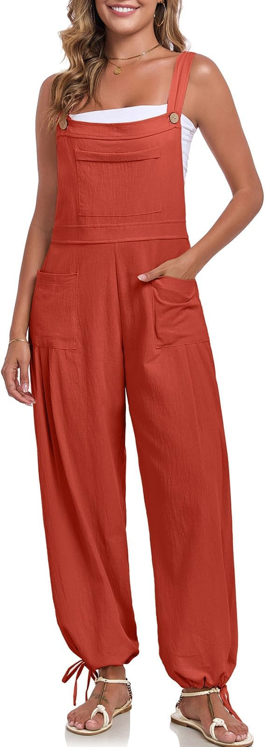 ALSOGO Womens Wide Leg Overalls Loose Beach Vacation Outfits Jumpsuits 2025 Causal Sleeveless Rompers with Pockets