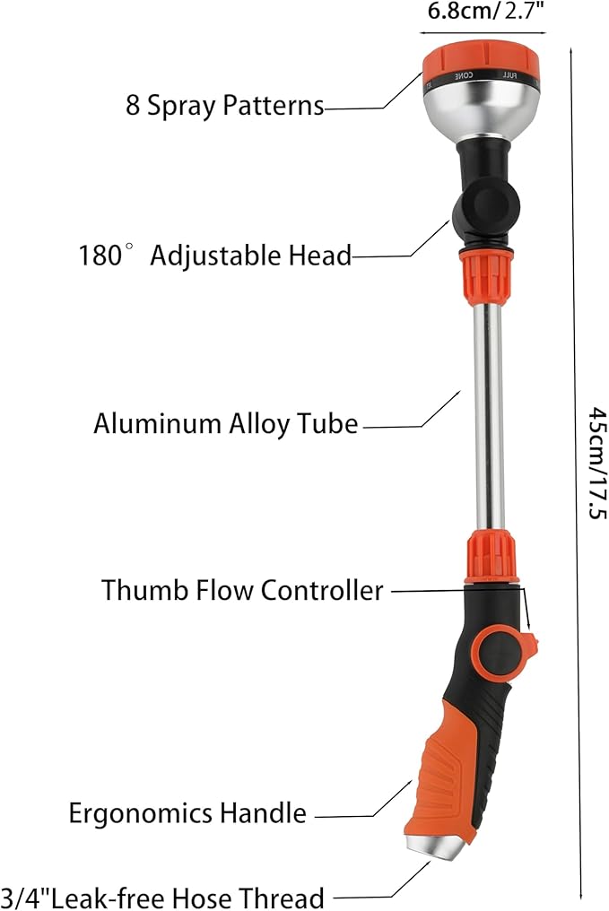 17.5" Multi-Pattern Watering Wand with Thumb Control & 180° Rotating Nozzle | 8 Spray Modes for High-Pressure Cleaning, Pet Bathing, Gardens, Hanging Baskets | Fits Standard Garden Hoses