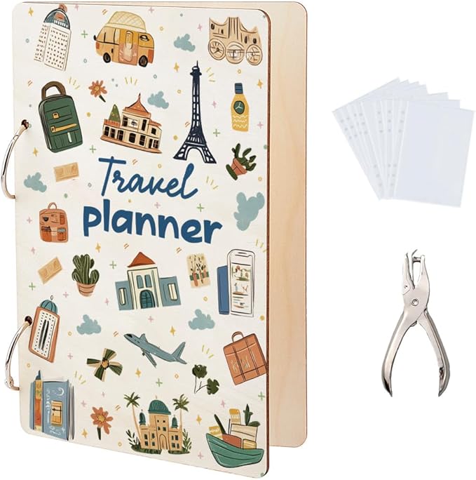 SUPERDANT Travel Planner Greeting Card Organizer Travel Journal Card Keeper Vacation Planner Cards Holder Wooden Keeper Binder Photo Album 2-Rings Cover 2-Rings Cover with Punch and 20 Inner Pockets