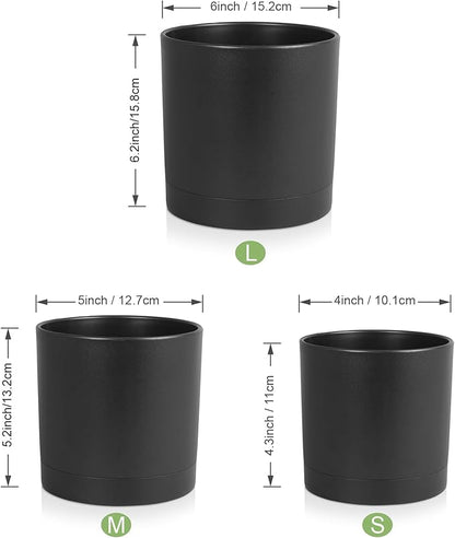 6/5/4 inch Flower Pots, Set of 3 Cylinder Plant Pots for Small Indoor Outdoor Plants, Plastic Planters with Drainage Holes and Saucers for Garden Succulent Nursery House Plants, Black