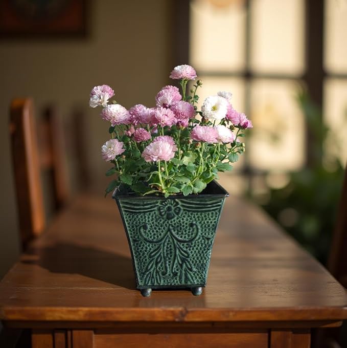 Hosley Set of 4 Green Patina Embossed Metal Planters with Ornate Floral Design, 5.25" L x 5.25" W x 5" H – Ideal for Floral Arrangements, Home Décor, Garden Accents, Rustic Weddings.