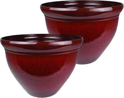 The HC Companies 12 Inch Pizzazz Round Planter Pots with Ceramic Look, Lightweight UV-Resistant Plastic Indoor & Outdoor Planters, 2-Pack Flower Pots for Garden & Home Decor, Warm Red