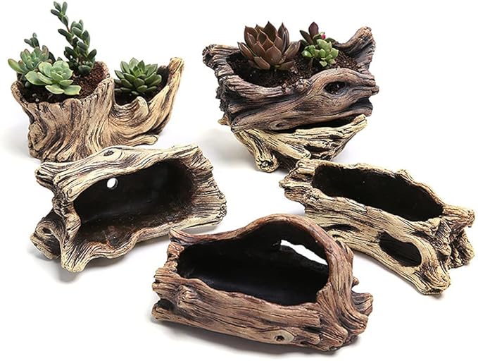 DIYOMR Cement Driftwood Planter Pots Imitation Stump Log Concrete Flower Succulent Pot/Container (7.3" L x 3.8" W x 3.1" H,Undertint)